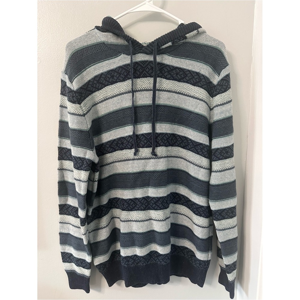Sun + Stone Mens Hoodie Sweater Blue Grey Striped Knit Medium 100171671MN